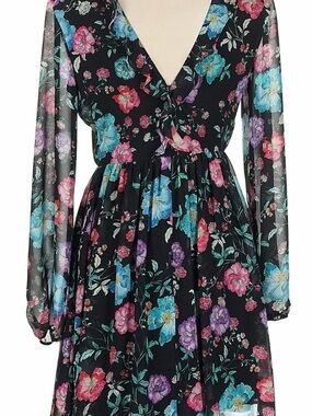 Express Black Floral V-Neck Long Sleeve Dress
